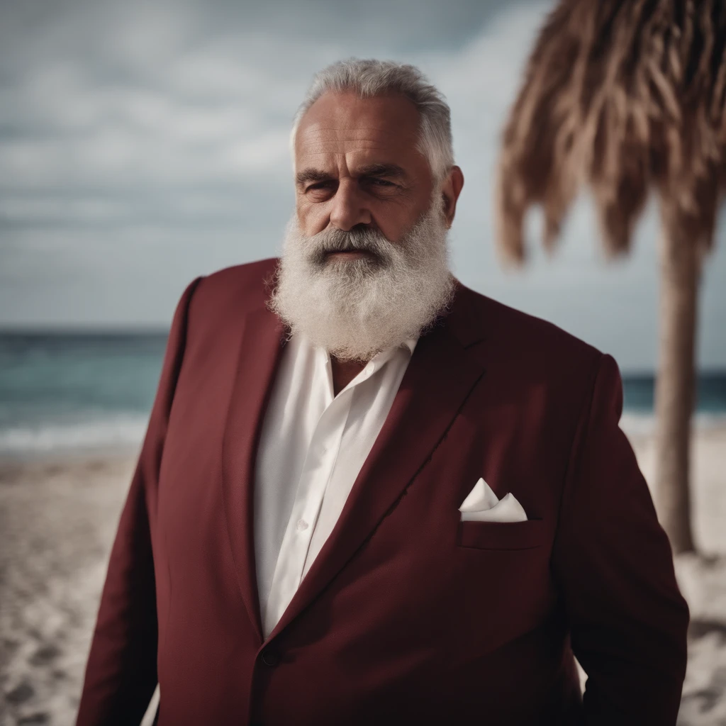 old fat pale with grey beard greek man in maroon suit on a tropical beach