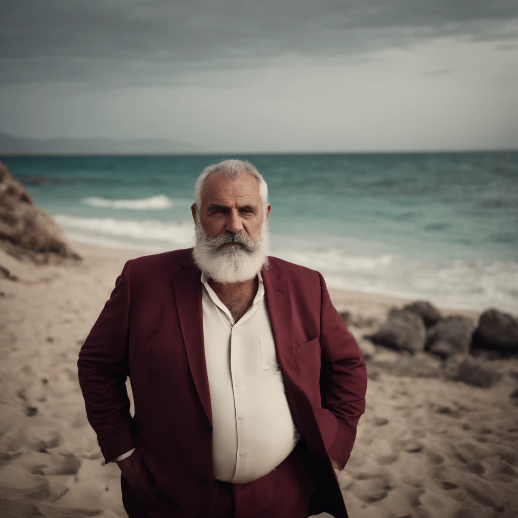 old fat pale with grey beard greek man in maroon suit on a tropical beach
