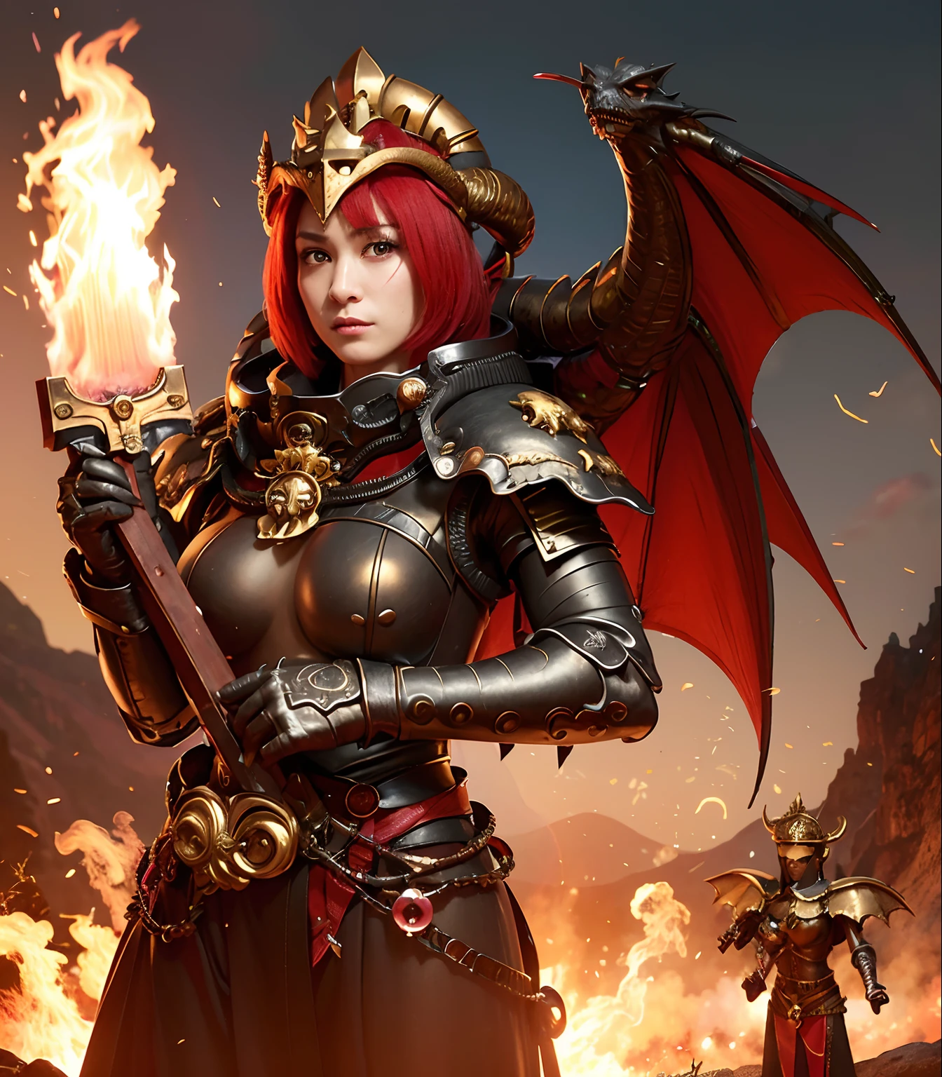 Professional , masterpiece、top-quality、photos realistic , depth of fields 、(Fight the Dragon Knight with the Dragon Mask),(Dragon Black Metal Body:1.4),(Matte Black、(cleavage of the breast)、(Fight dragons)、(Seductive look)、Dragon Gold Weapon、(bikini-armor),Gorgeous gold weapons ,(( Dragon's dense and gorgeous sword)) , Beautiful knife ,warhammer 40k , adepta sororitas,Detail and gorgeous crown、((Red hair))、(Castle background)、The dragon、((Gangle's forest background))、Beautiful Caucasian beauty、(1a person)、dynamic ungle,(((Detailed and ornate dragon helmet)))、Smaller head、Strange smile、Castle background、Thin and beautiful female hands、cleavage of the breast、Soldier in iron armor on background、Mystical expression、Light Effects、intense fighting、Wind-effect、magic circles、With the legendary magic wand、(demonic wings)、Toostock、