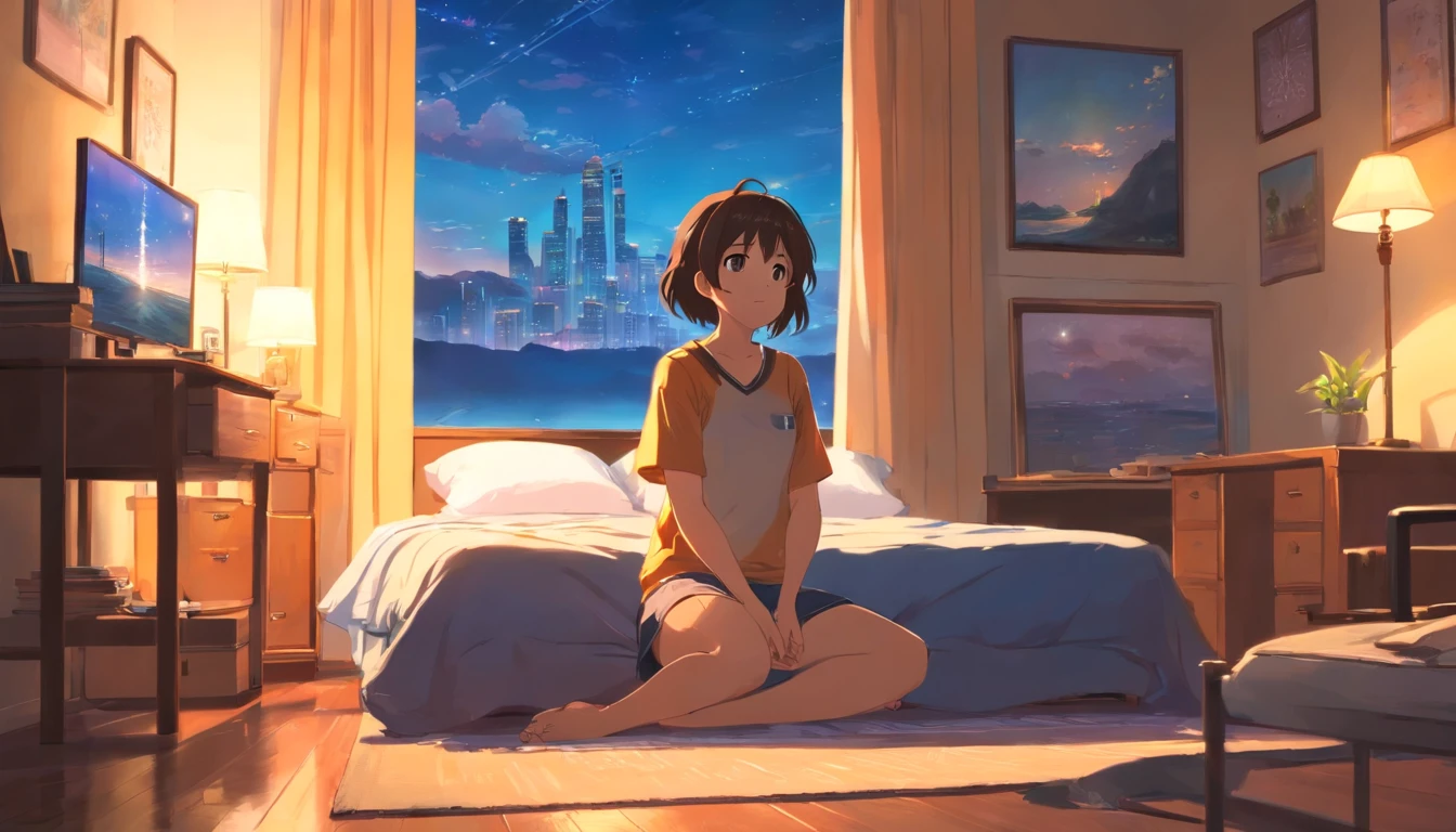 obra-prima, melhor qualidade, filme ainda, 1girl, Uma menina meditando em seu quarto em cima da cama ao lado de seu gato