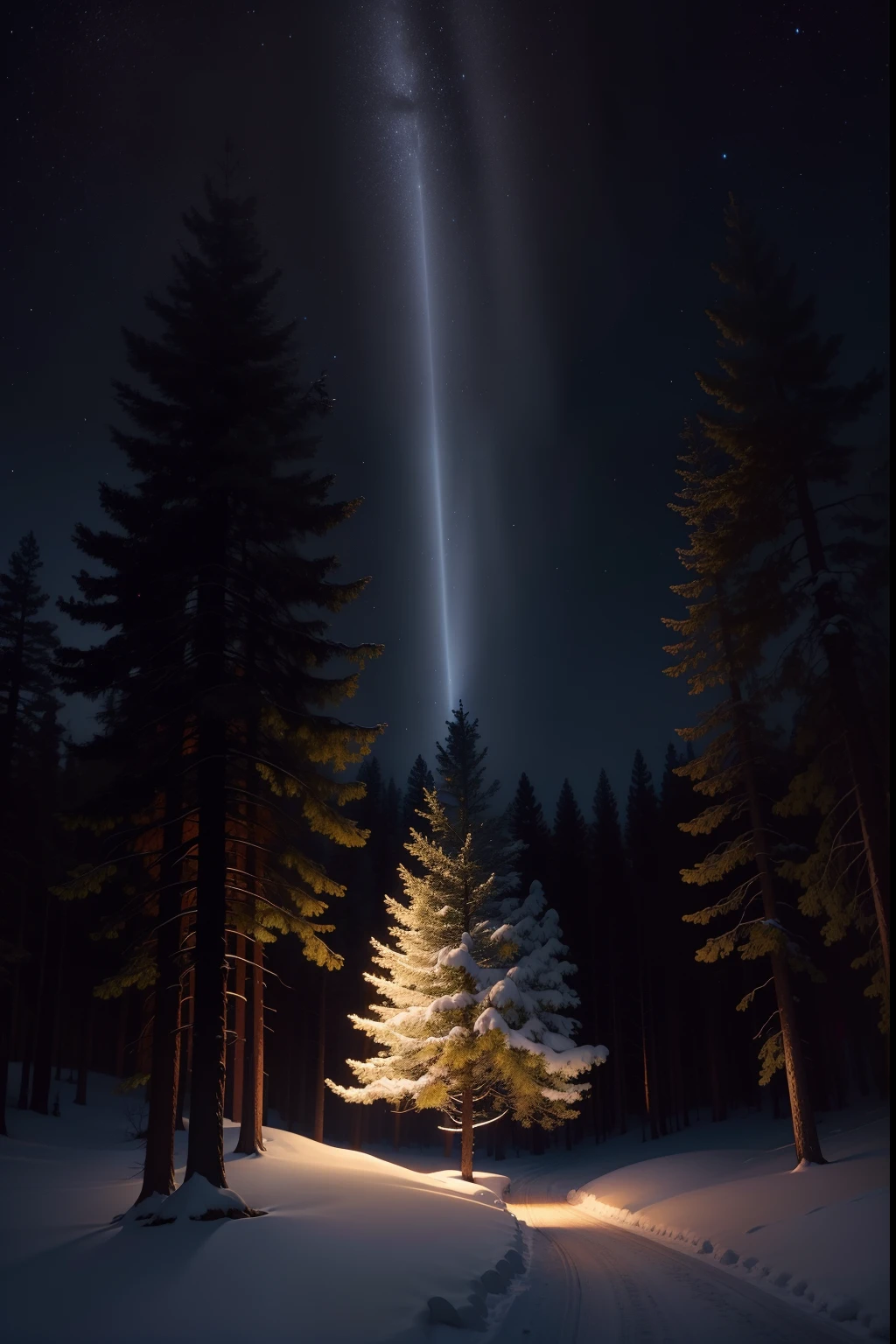 A painting of a beam of light over a single pine tree, winter, night time light, black sky with stars.