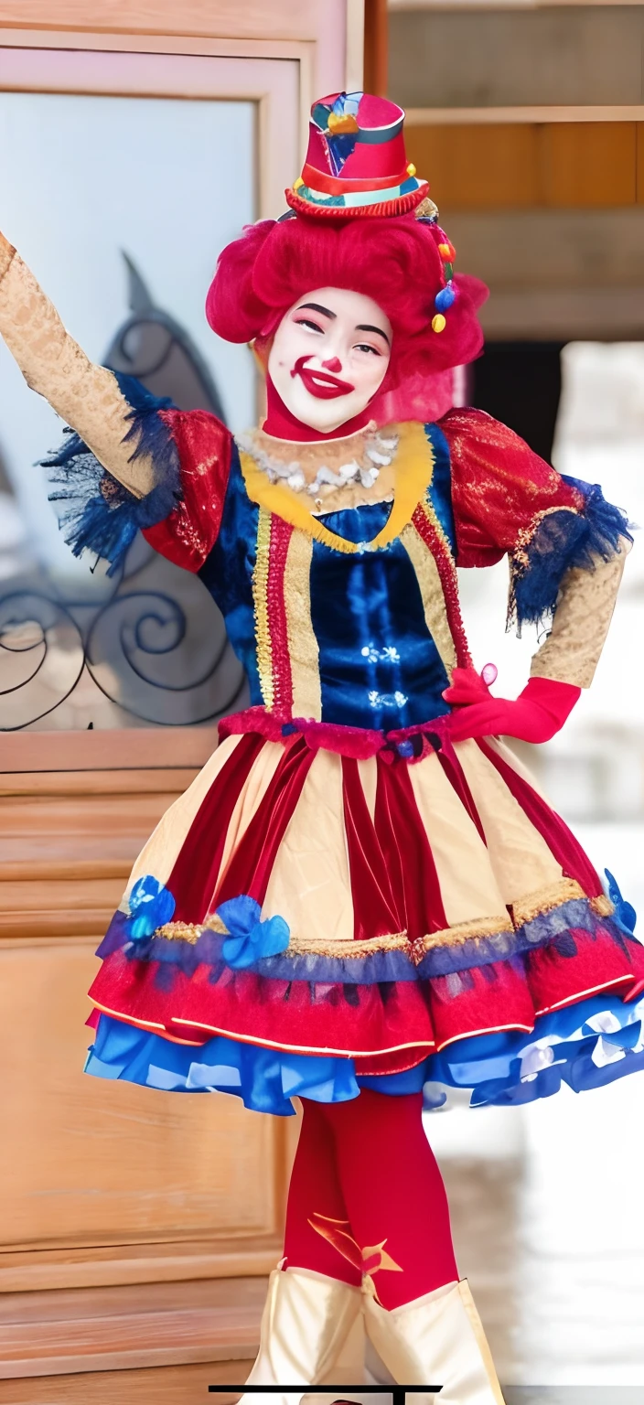 um close up de uma pessoa em um traje com um espelho, intricate clown costume, traje com detalhes azuis, jester themed, clown girl, traje bonito, celebration costume, authentic costume, bobo medieval, traje de joias, pauline hanson as a clown, traje elaborado, traje tradicional, fantasia, traje russo, traje de teatro de alta qualidade, boneca patchwork, traje estilo vitoriano