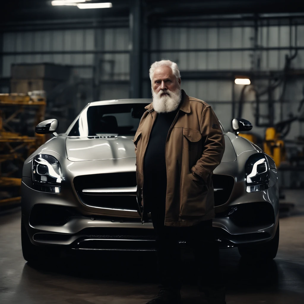 old fat pale man with grey beard on a diesel factory site, immersive, mercedes sls