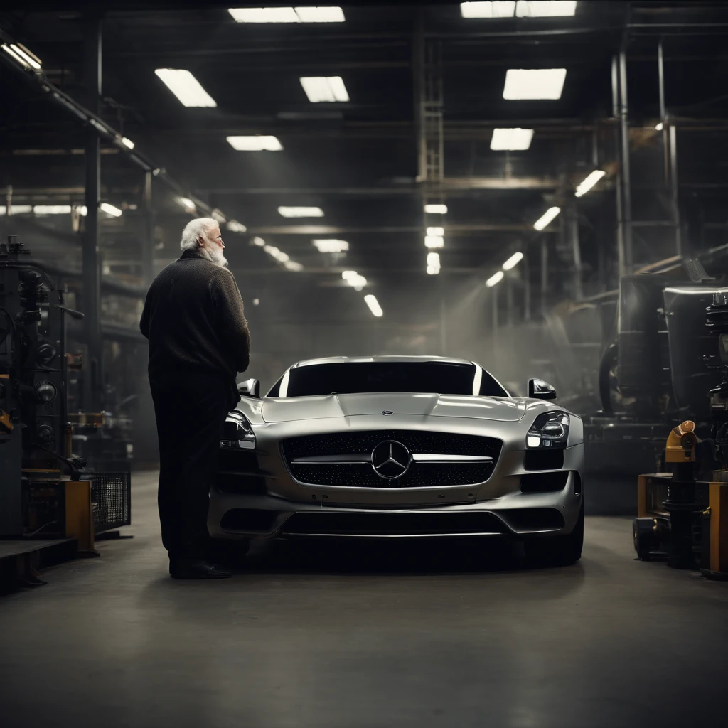 old fat pale man with grey beard on a diesel factory site, immersive, mercedes sls