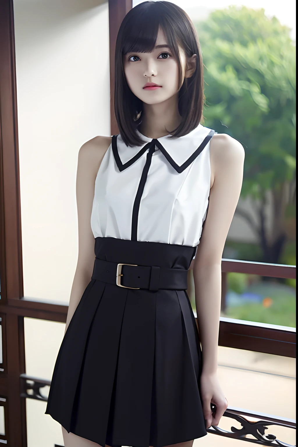 Japanese girl in a white dress and black bow
