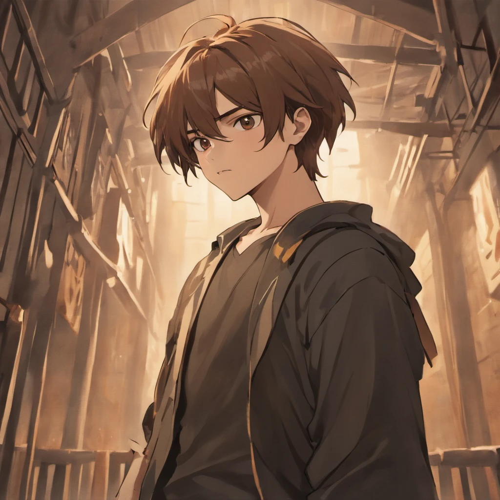 8k realistic image of handsome man, 25 years old, Long brown hair, Brown eyes, Expressions of hatred, Wear a simple black casual shirt, Background Classroom,A black bandage wrapped around his arm, Stand in a large rustic underground dungeon
