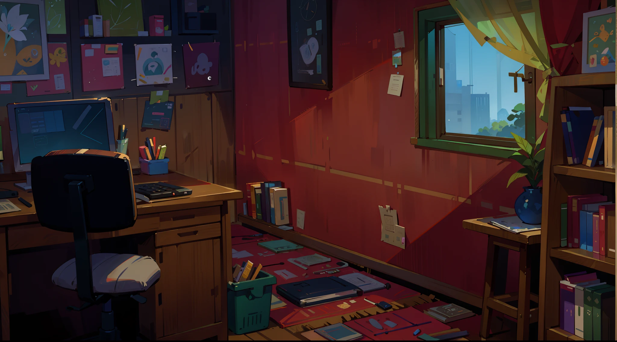 a modern office, sitting at a sleek desk with a computer and paperwork spread out, surrounded by tall glass windows.  The office is brightly lit with natural light, giving a warm and inviting atmosphere. The desk is made of polished wood, and the chair is ergonomic and comfortable. The walls are adorned with motivational quotes and vibrant artwork. The room is decorated with potted plants, adding a touch of greenery and freshness to the space. The girl's computer screen displays a neatly organized desktop with multiple open software applications. The office is quiet and peaceful, allowing her to concentrate on her tasks. The colors in the room are muted and neutral, creating a calm and soothing environment. The overall quality of the image is exceptional, with ultra-detailed and realistic details. The lighting is perfect, casting soft shadows and highlighting the girl and her surroundings. This prompt is best suited for a digitally painted, realistic art style with vivid colors and sharp focus.