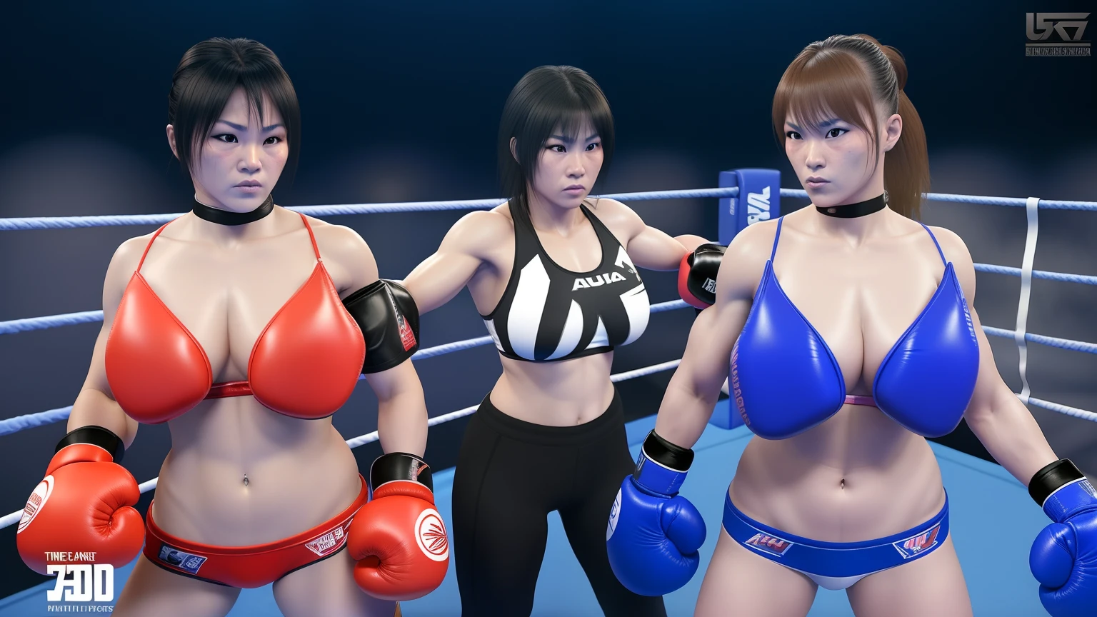 three women in boxing gear standing next to each other, posing ready for a fight, dead or alive 6, posing for a fight, getting ready to fight, rings asuka iwakura station game, boxing match, ready to fight, in fighter poses, in a boxing ring, posing for a fight intricate, preparing to fight, rumble roses