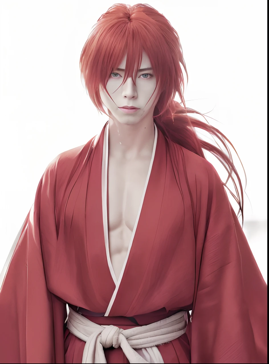 top-quality, 8K, ultra-detailliert, Image of a man with a sword at his waist, She has long red hair bunched up, Red kimono, from kenshin, (I have a cross scar on my left cheek:1.3), Has a kind face, She has a beautiful face, Beautiful shape, Rurouni Kenshin, male character