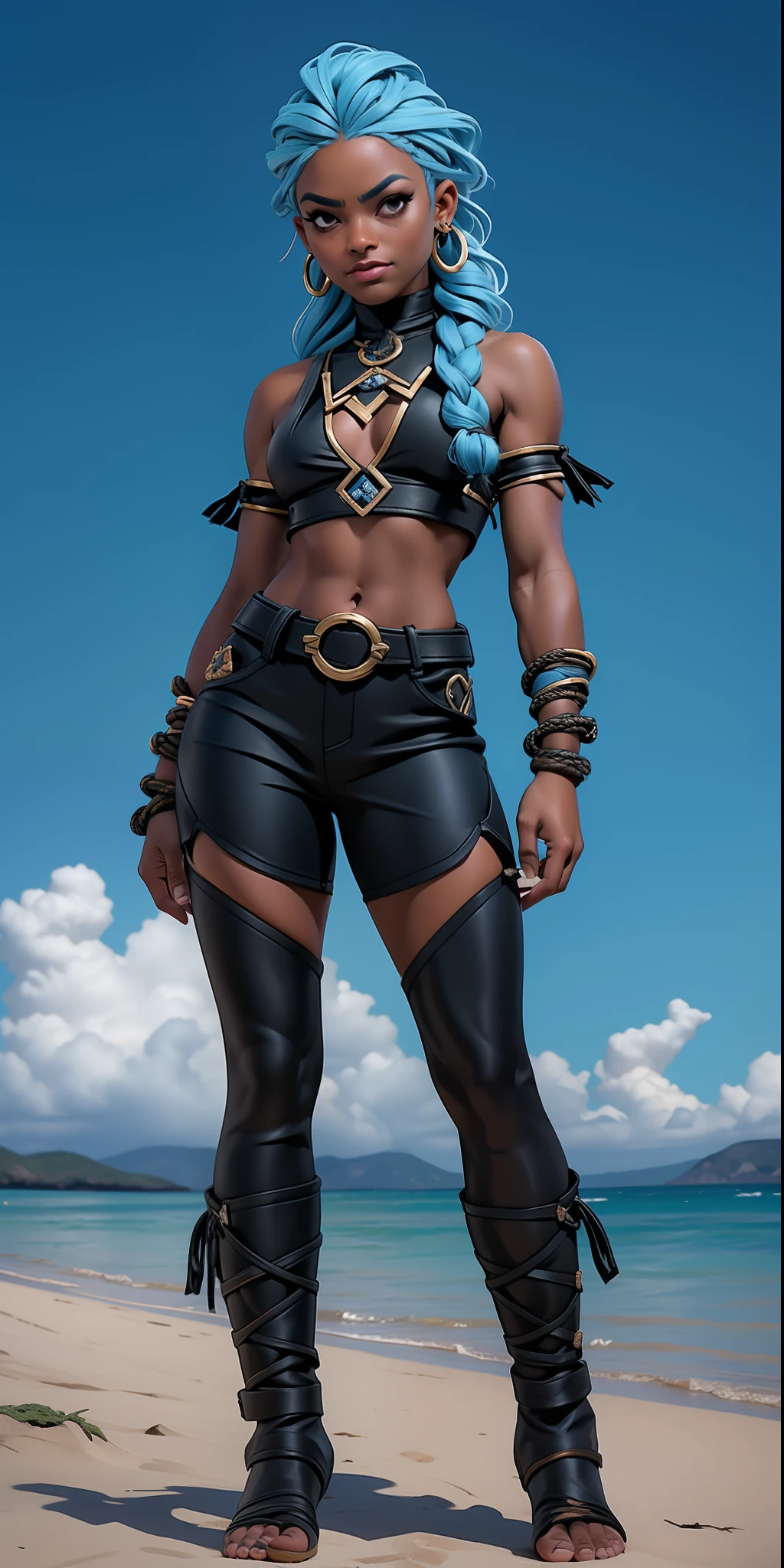 Lins Avalon, hand-drawn, escuro, corajoso, realista, mistura de linhas escuras em negrito e linhas soltas, linhas em negrito, no papel, personagem de reviravolta, ((sfw meio elfo feminino de pele negra, corpo inteiro, sfw crop top de couro)), arcane symbols, runas , tema sombrio, ((light blue hair partially braided, pele negra)), lindo, bonito, roupas de couro acolchoadas bordadas com runas, botas modestas de couro bordadas com runas, saia com grande abertura frontal, elfa de pele negra linda, seios pequenos