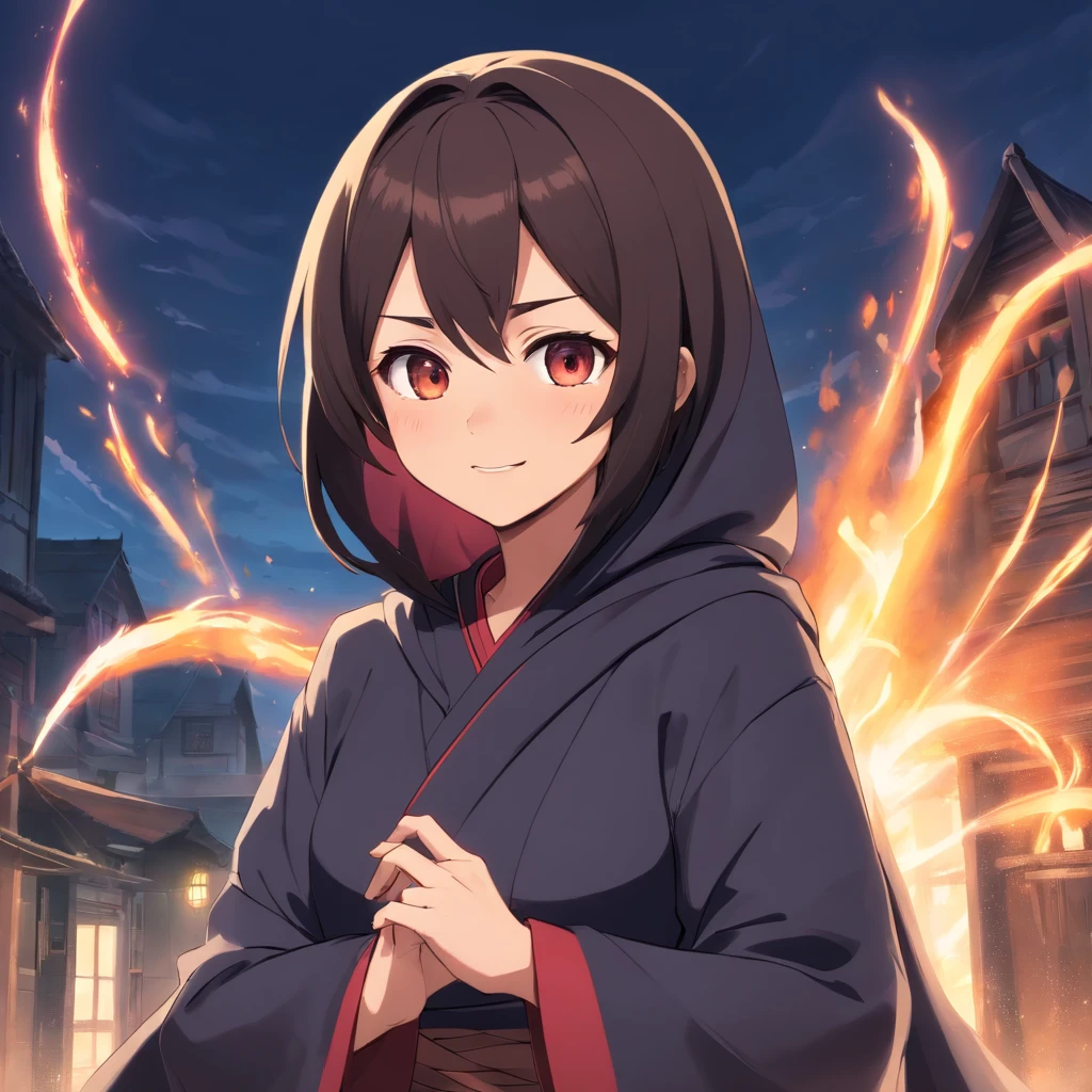 A young man，Crazy expression，akame，brunette color hair，short detailed hair，black toga，hoods，Long staff，suns，food，The formation of France，altar，Awesome spell，casting spells，villain，Black gas，great laughter，Rabid，Low ball，Blood sacrifice，altar，darkly，standing on your feet，hijabi sluty，dead body，outside of house，dark wizard，stares at the camera，laughingly，Orchestrating bad things，The eye，Feet