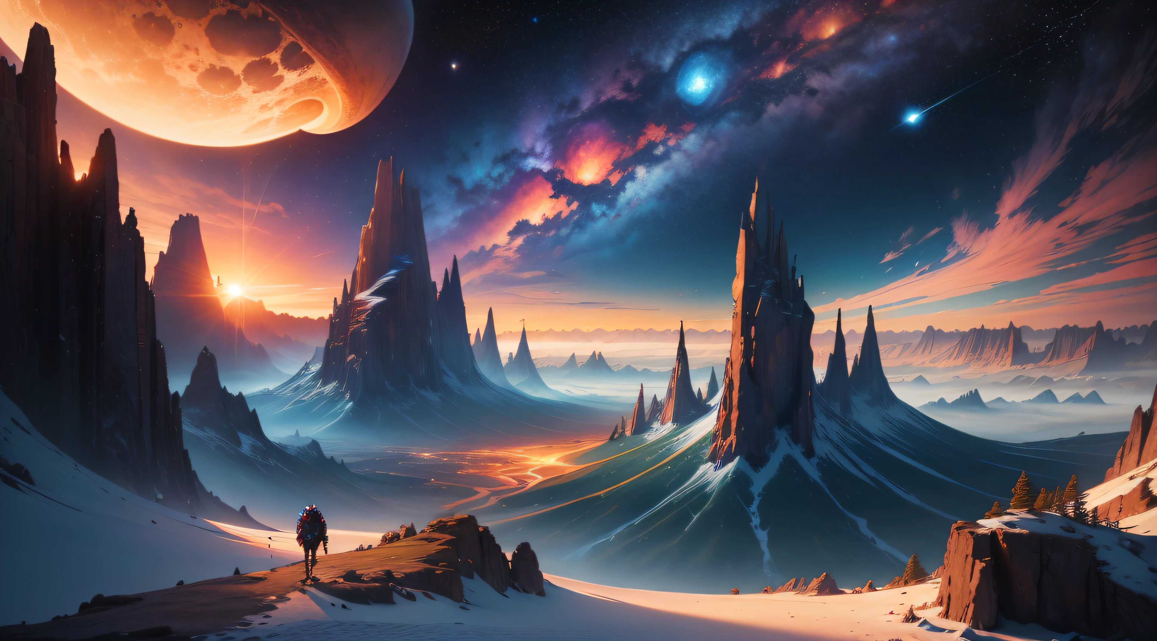 (best quality,highres,masterpiece:1.2),vivid colors,ultra-detailed,alien landscape,planets of different colors in the sky,small stars,sunset on the horizon,otherworldly scenery,fantastic colors.