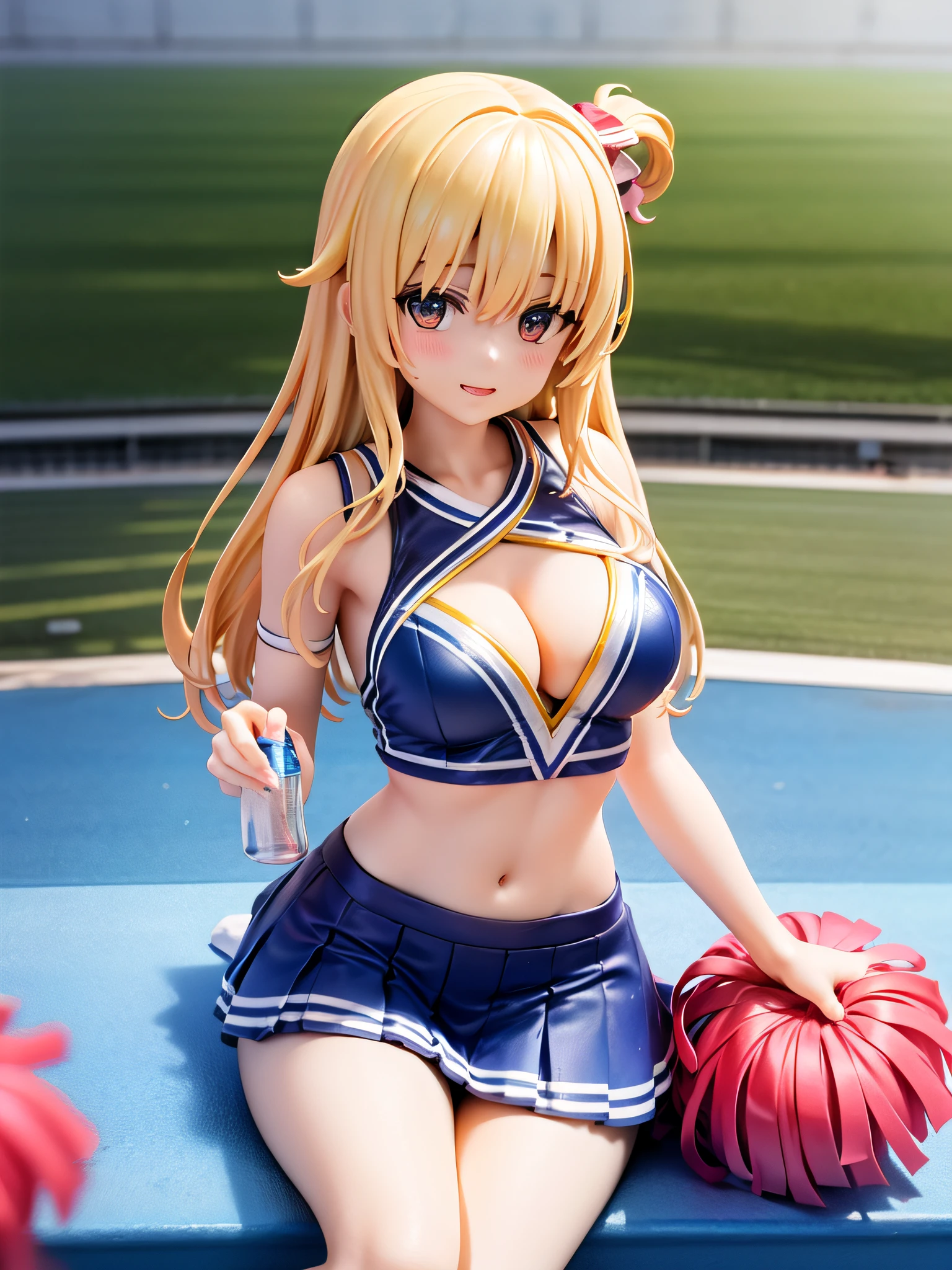 (Lewd cheerleader:1.3)、(Cheering seats in the stadium:1.5)、(tiny chest:1.1)、extremely delicate and beautiful,visual impact, grow,The ultra -The high-definition, Raw photography, top-quality, hight resolution, (masterpiece), (Photorealsitic:1.4), Anime Cosplay, foco nítido, nffsw,Unity 8k壁纸, intricate detailes, depth of fields,nffsw,amazing, contour deepening,front lit,Oil Highlights, girl with, beautiful countenance、Very detailed background,ssmile、(A slender:1.5)、see -through、Holding a big cheerleading pom-pom in your hand、Wearing a cheerleading costume、sit on a bench
