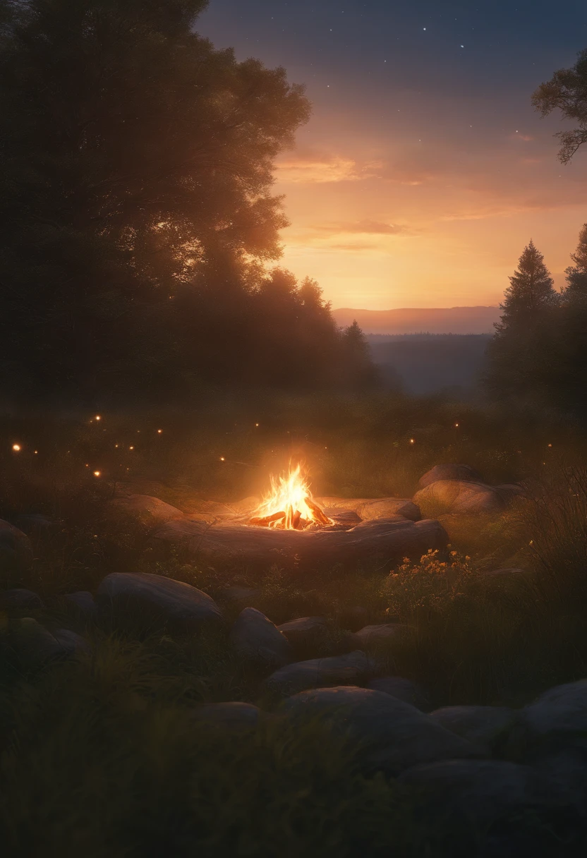 Landschaft, Sommer, Nacht, Wald, Lagerfeuer an einem Ort, unbemannt, niemand, Sternenhimmel, HD-Details, Ultra-Details, Film, Hyperrealismus, Weiches Licht, Depth of field bokeh, raytracing, Hyperrealismus. , Art Station pixiv Gwise, Makoto Shinkai, Kunstkeim