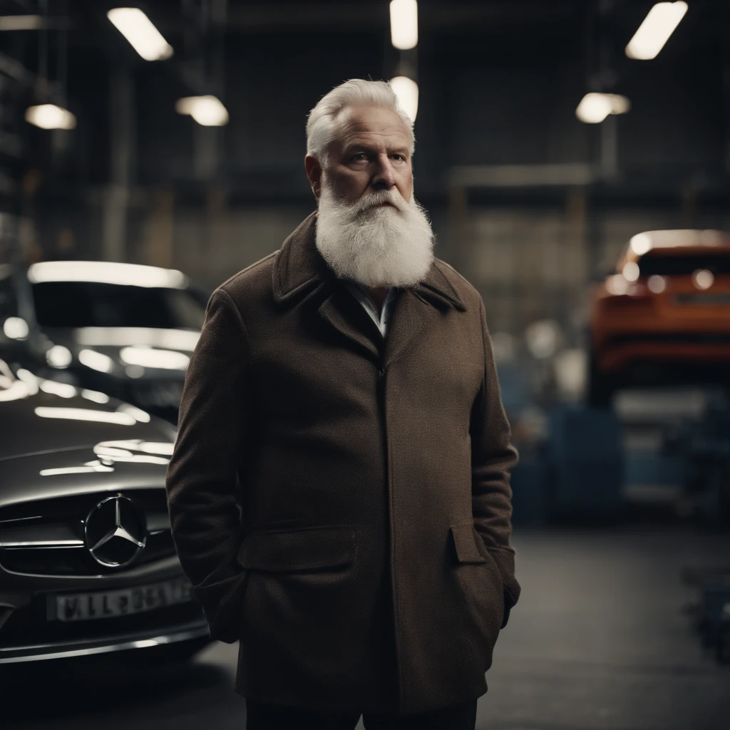 old fat pale man with grey beard on a diesel factory site, immersive, mercedes sls
