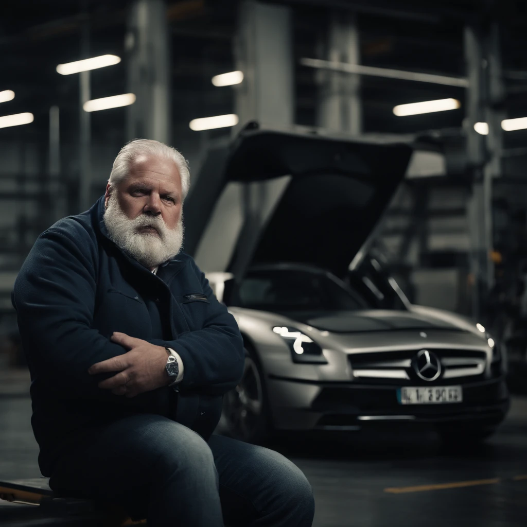 old fat pale man with grey beard on a diesel factory site, immersive, mercedes sls