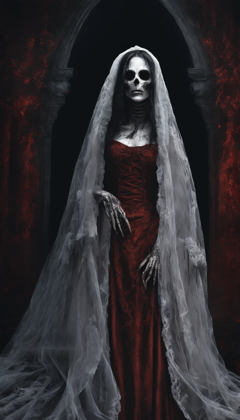 Ghost Bride，Blood-red clothes，darkly，An atmosphere of terror，super detailing，Masterpiece, Best quality