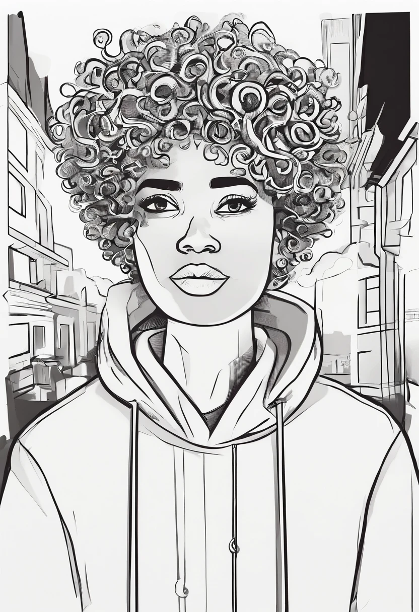 cartoon of a man with a hoodie and a star in her hair, smol, he has short curly brown hair, character portrait of me, a character based on a haggis, boy with neutral face, portrait of a small character, [[[[grinning evily]]]], cute character, halfbody portrait, with curly afro, telegram sticker, Tim Burton art style, African, Nigerian