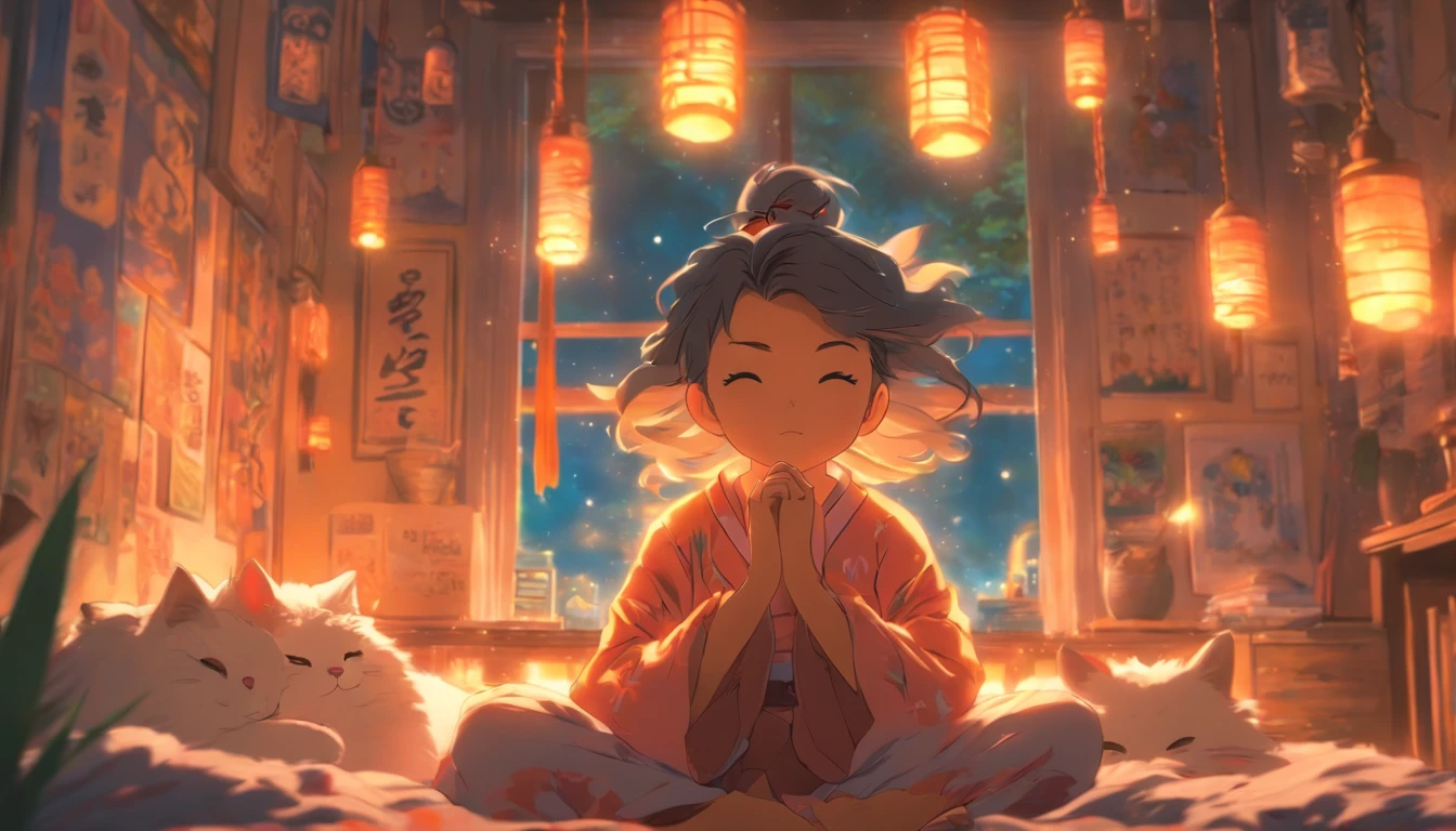 obra-prima, melhor qualidade, filme ainda, 1girl, Uma meditando em seu quarto em cima da cama ao lado de seu gato