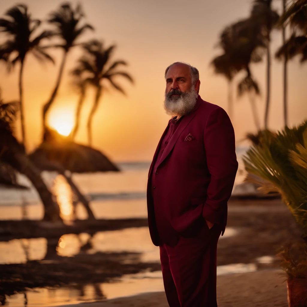 old fat pale greek man with short dark grey beard in maroon suit on a tropical beach at sunset waiting for someone outside of a big yellow ish mansion