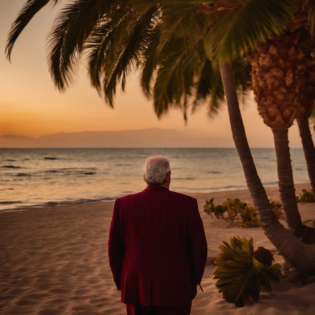 old fat pale greek man with short dark grey beard in maroon suit on a tropical beach at sunset waiting for someone outside of a big yellow ish mansion