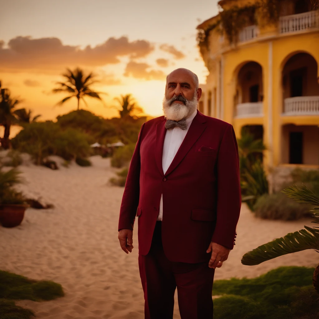 old fat pale greek man with short dark grey beard in maroon suit on a tropical beach at sunset waiting for someone outside of a big yellow ish mansion