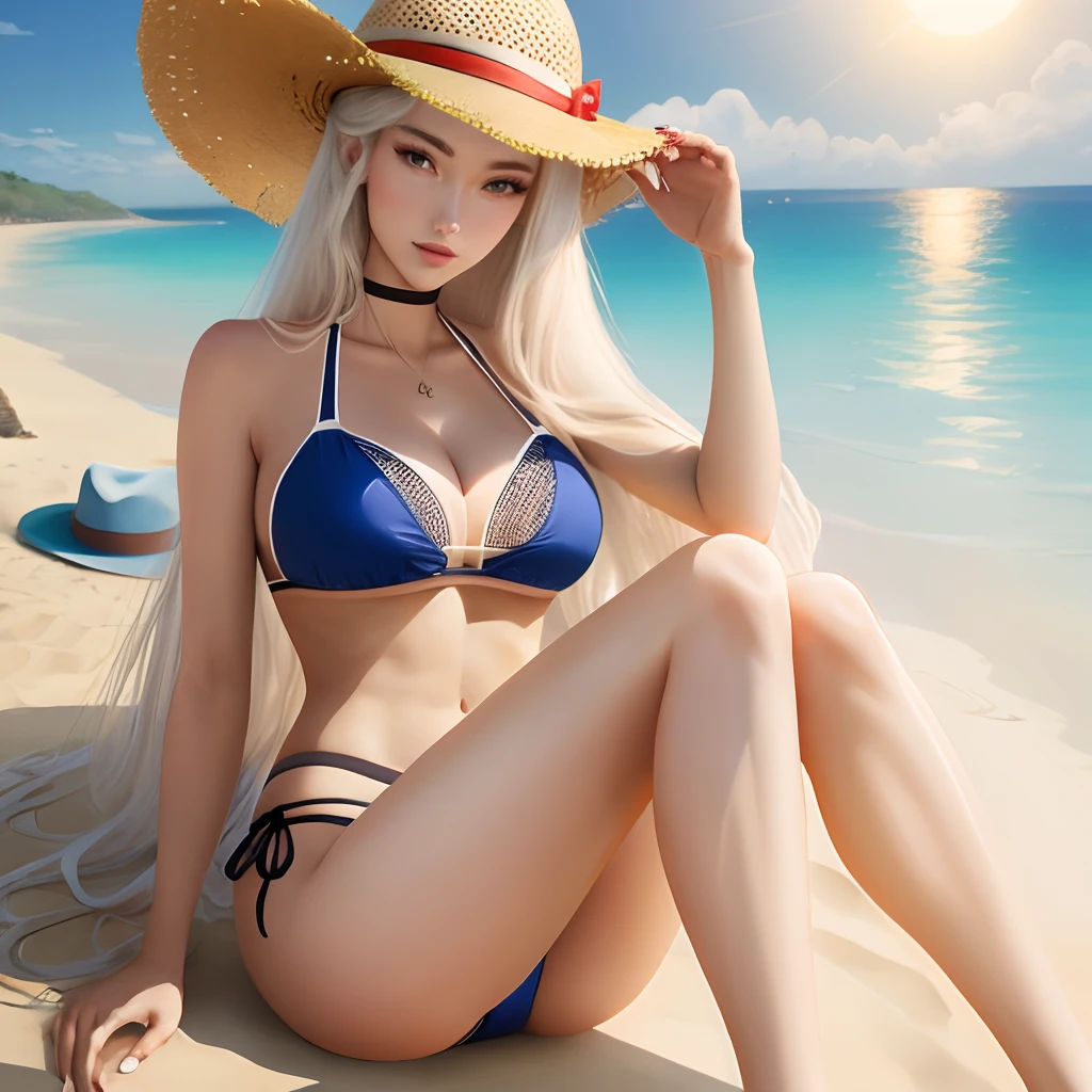 Mesh bikini，beautifullegs，Puff breasts，long whitr hair，Lunette de soleil，Red straw hat，nail art，beauty legs，big breasts thin waist，Coquettish@