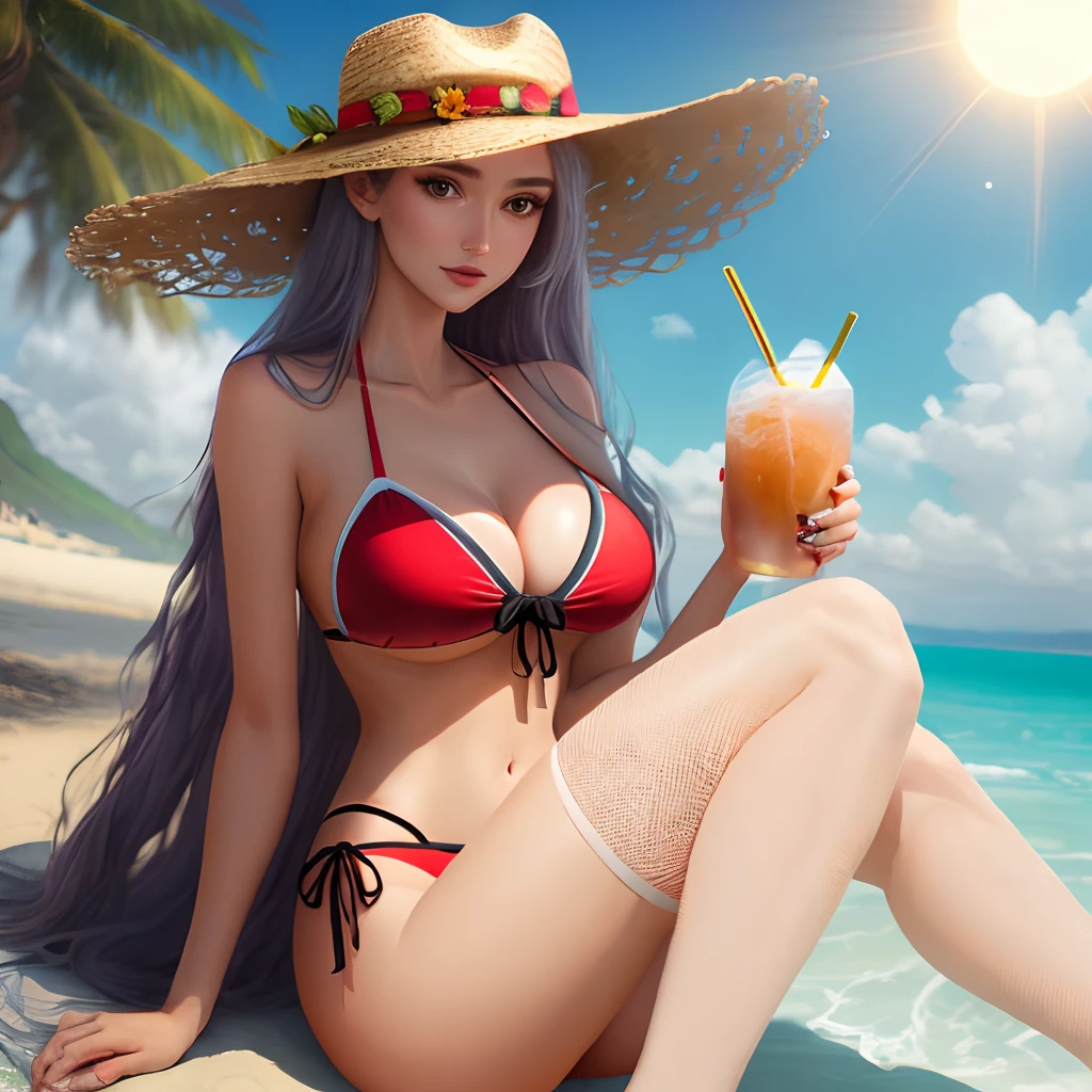 Mesh bikini，beautifullegs，Puff breasts，long whitr hair，Lunette de soleil，Red straw hat，nail art，beauty legs，big breasts thin waist，Coquettish@