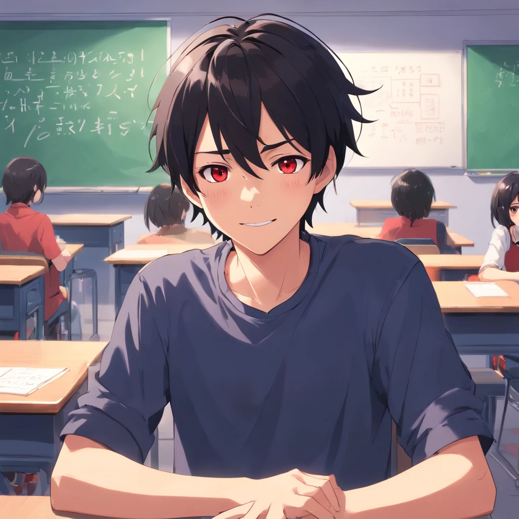 21-year-old boy，Black hair and red eyes，in class room，Detailed background description，blackboards。classroom desk，The evil smile shows the crazy side of desire。