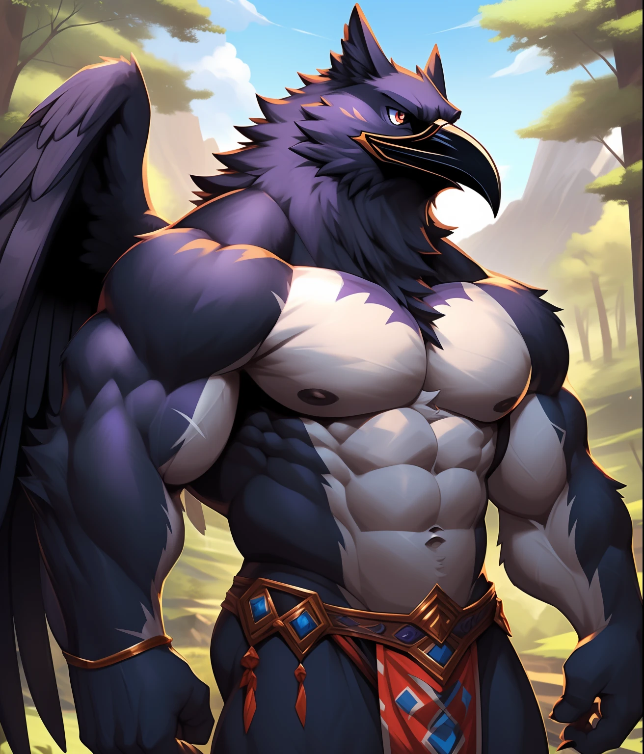 nj5furry, (raven, wings, sin camisa, cuerpo en forma de V, Topless, sin camisa)), plumaje negro, bulto en la entrepierna, ((cuerpo completo)) masculino, kemono, ((Sombras extremadamente realistas, Obra maestra, extremadamente detallado, fotorrealista), ((raven)), pectorales masivos y muy musculosos, fuerte, macho maduro, postura de culturismo, expresion amigable, sonrisa traviesa,  Cara detallada, guapo, enorme, cuerpo musculoso y masivo, pectorales abultados, abdominales musculosos, cintura estrecha, alas largas, pmumas negras, ojos azules, ojos grandes, Wear a small blue loincloth of torn fabric, Mountain forest.