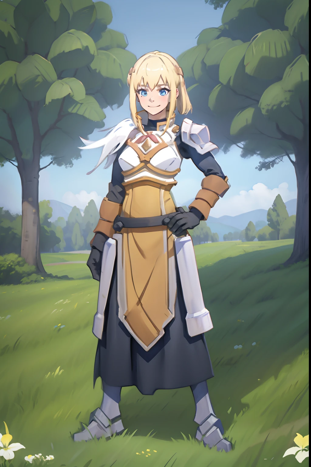 young girl, blonde hair, blue eyes, paladin armor, standing tall full body, happy face, standing in dog pose, in park