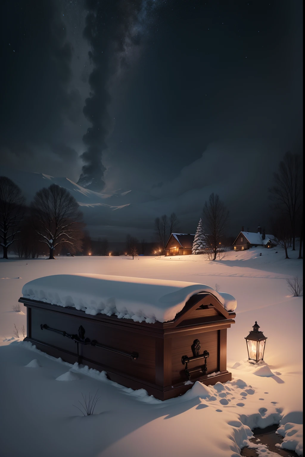 A painting of a funeral coffin in the snow, winter, eerie night time light, dark sky with stars.