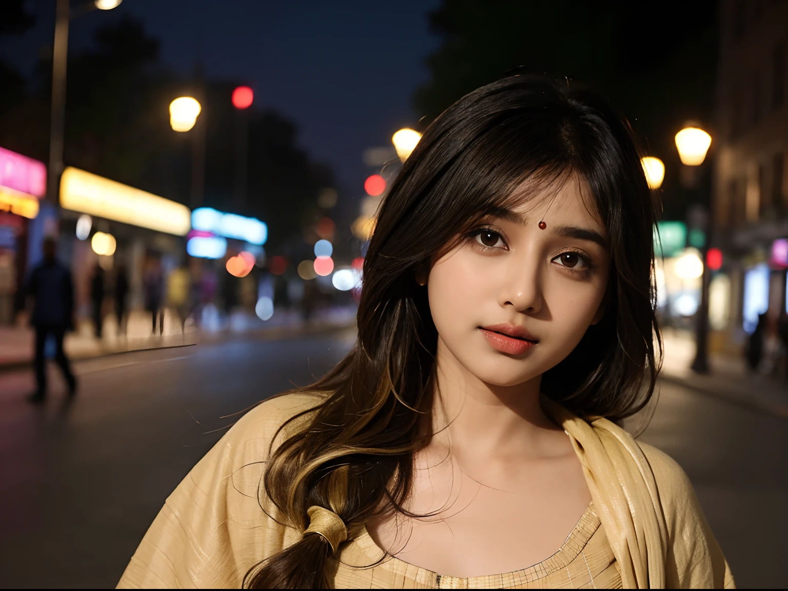 (((desi Indian girl))), chubby face, natural skin, wearing hot deep neck top and dupatta, charming black hair, ((hair ends are blonde)), city streets background, bokeh