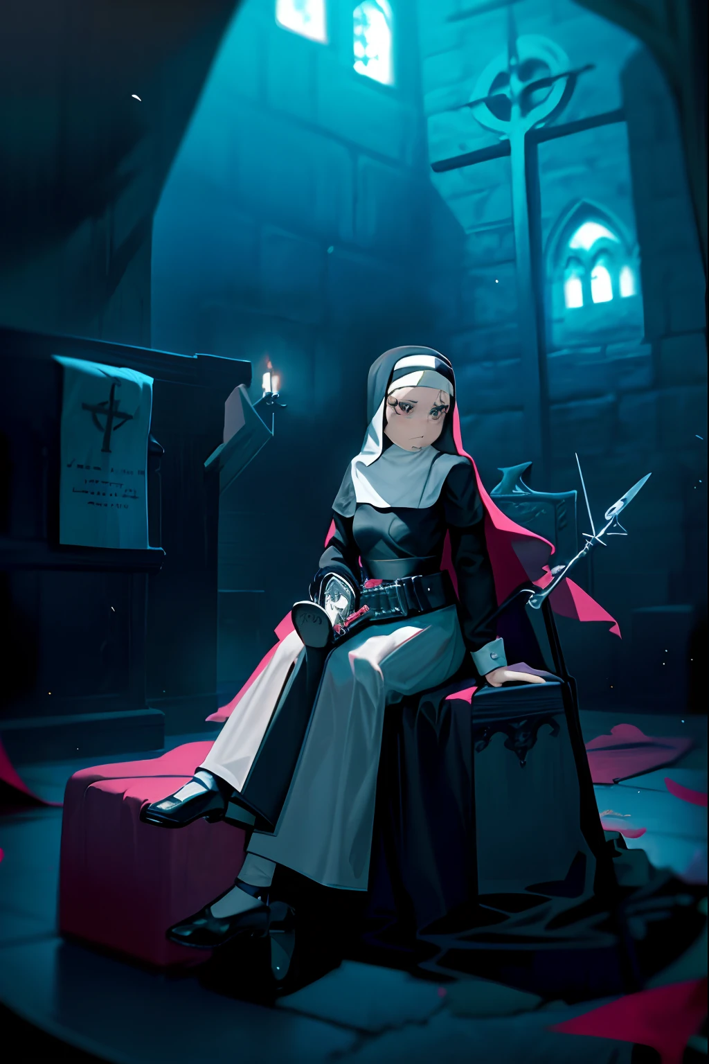 The nun sits in the church,With a weapon in his hand