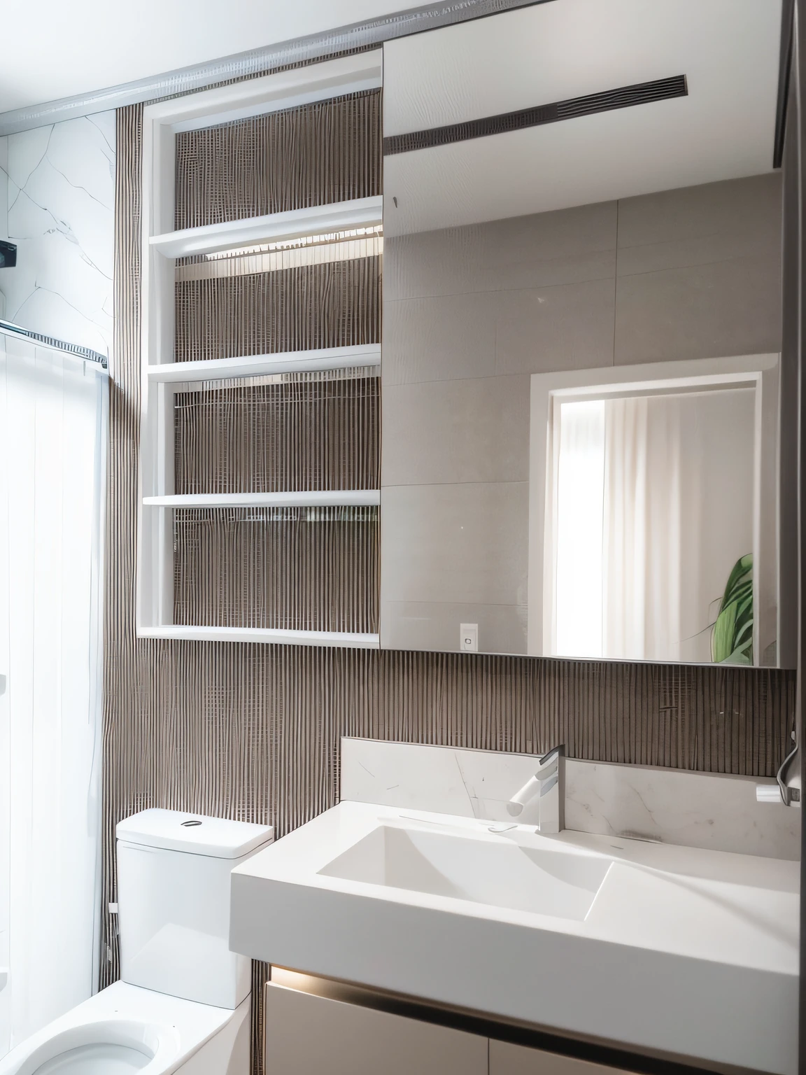 There is a bathroom with toilet, afundar, e chuveiro, madeira ripada vertical preta, mirror and glass surfaces, banheiro moderno, imagem de alta qualidade, composto, no banheiro, imagem vazada, imagem limpa, Minimalista moderno f 2 0 limpo, metal cladding wall, Tomada com Canon 8 0 D, espelho redondo na parede, Banheiro, Tomado com Sony Alpha 9