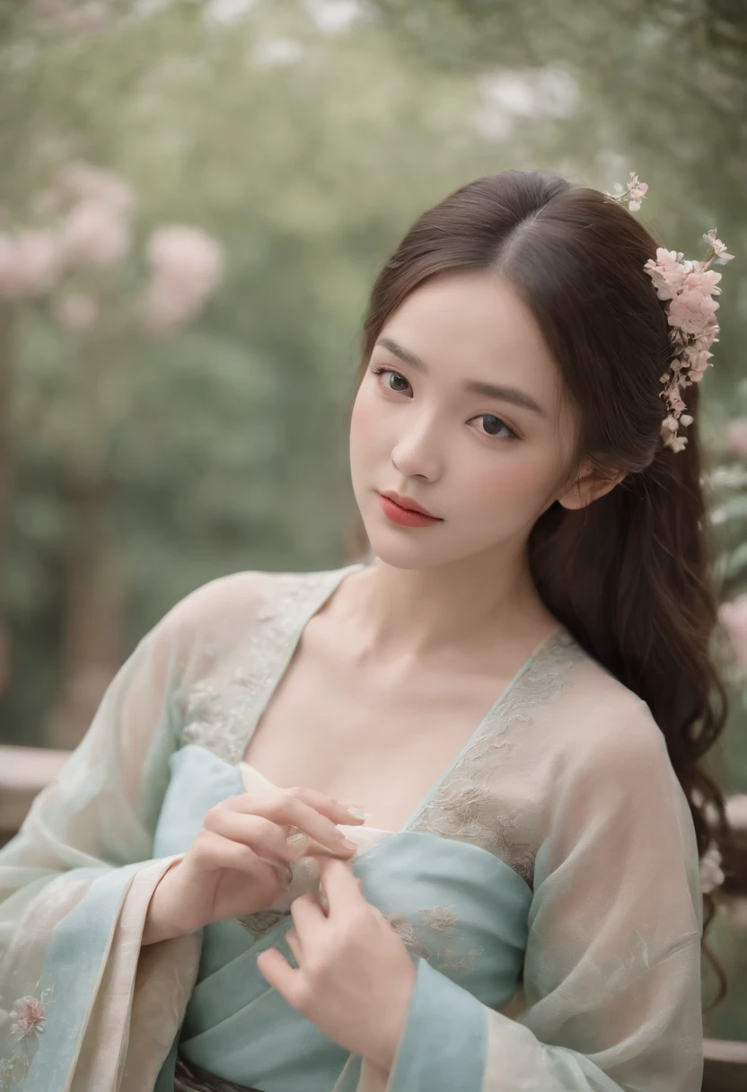 Fair complexion, A woman around 19 years old, Natural brunette hair, , Slender and graceful, Beautiful, Light in a Chinese garden environment, super sharp focus, realistic lens, Hanfu women's clothing, Four colors (Scar:1.4)Expose your chest