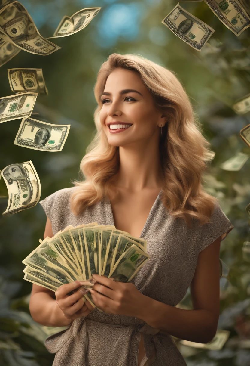 Por favor, Create an image that represents a satisfied and happy woman holding a large amount of money bills in her hands. The image should convey the feeling of contentment and prosperity due to the amount of money she is holding.