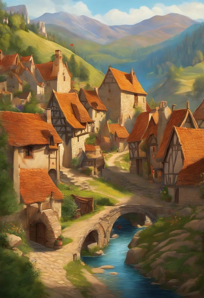 a sunny illustration of a medieval village from the movie Puss in Boots