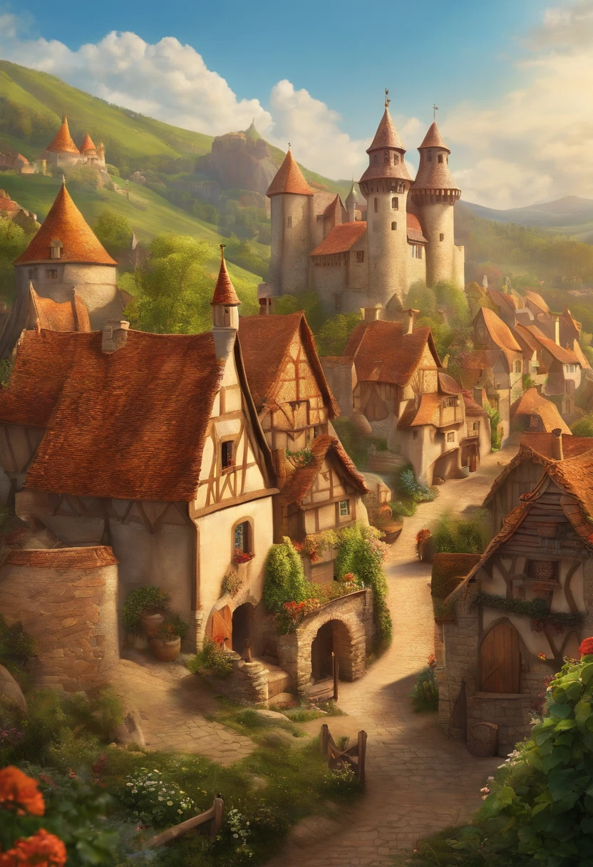 a sunny illustration of a medieval village from the movie Puss in Boots