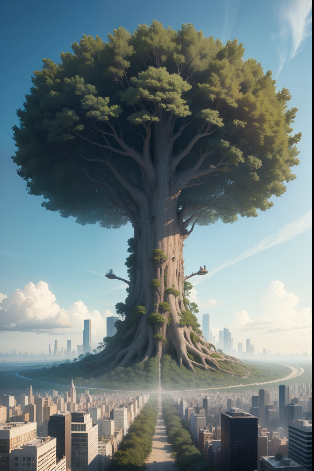 A gigantic tree in the middle of a gigantic metropolis