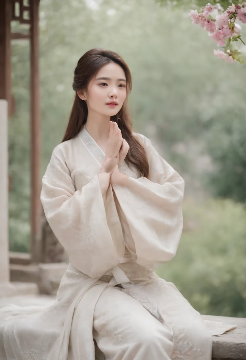 Fair complexion, A woman around 19 years old, Natural brunette hair, , Slender and graceful, Beautiful, Light in a Chinese garden setting, super sharp focus, realistic lens, Hanfu women's clothing, Four colors (Scar:1.4)Clothes open to expose the chest