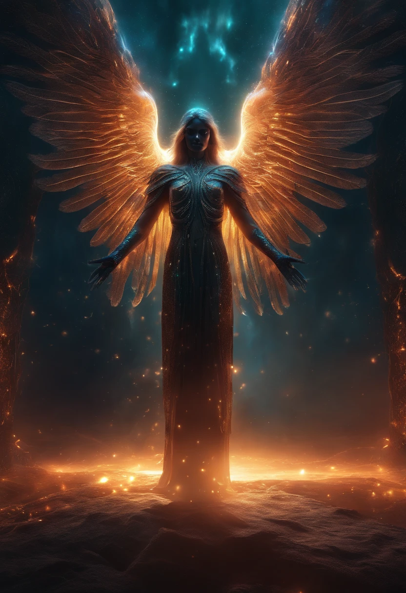 Cosmic Fallen Angel, Glowing light eyes, biomechanical, eldritch, Creepy, nightmarish, Very bright colors, light particles, with luminous light, Mshiff, Wallpaper Art, UHD wallpaper