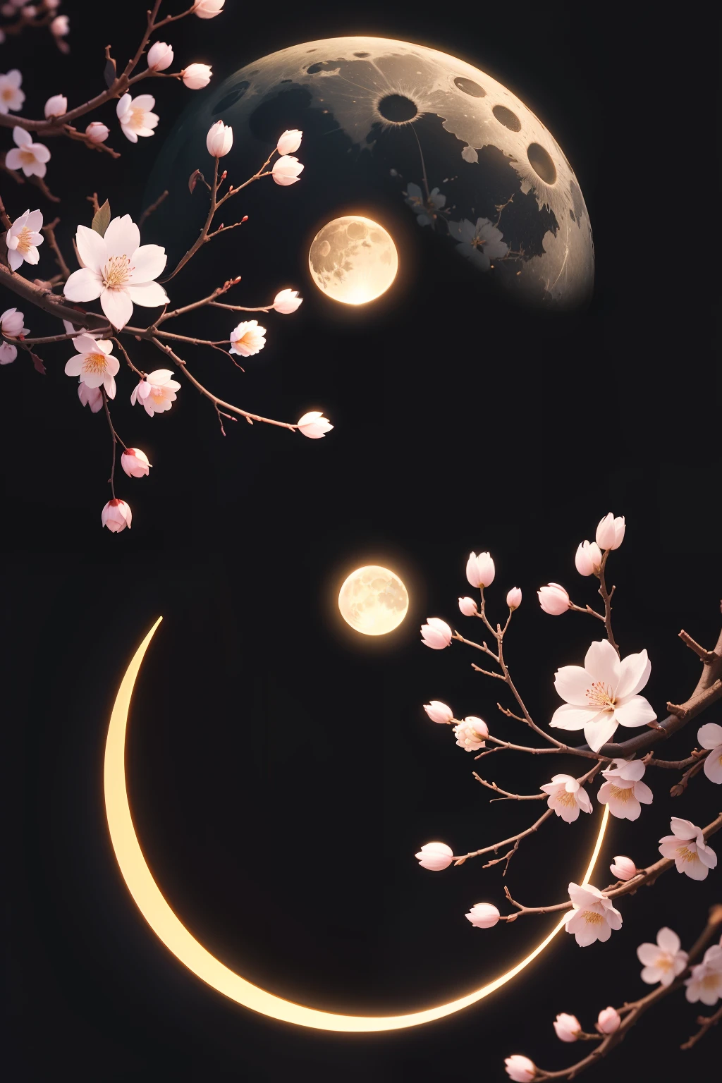 Pure black background，Shining moon，Mid-autumn moon background，In the name of shining，Cherry blossom branches slowly grow on both sides