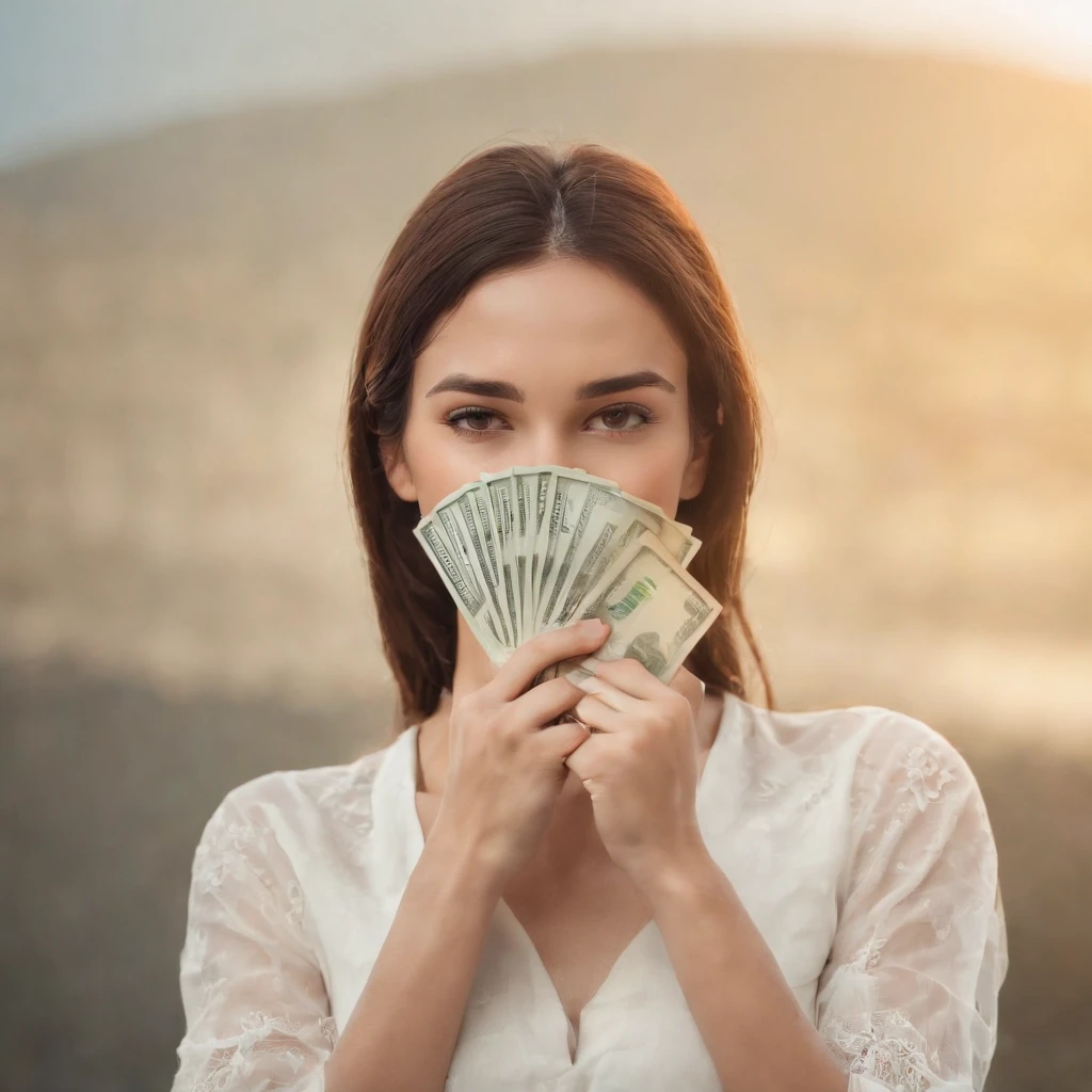 Por favor, Create an image that represents a satisfied and happy woman holding a large amount of money bills in her hands. The image should convey the feeling of contentment and prosperity due to the amount of money she is holding.