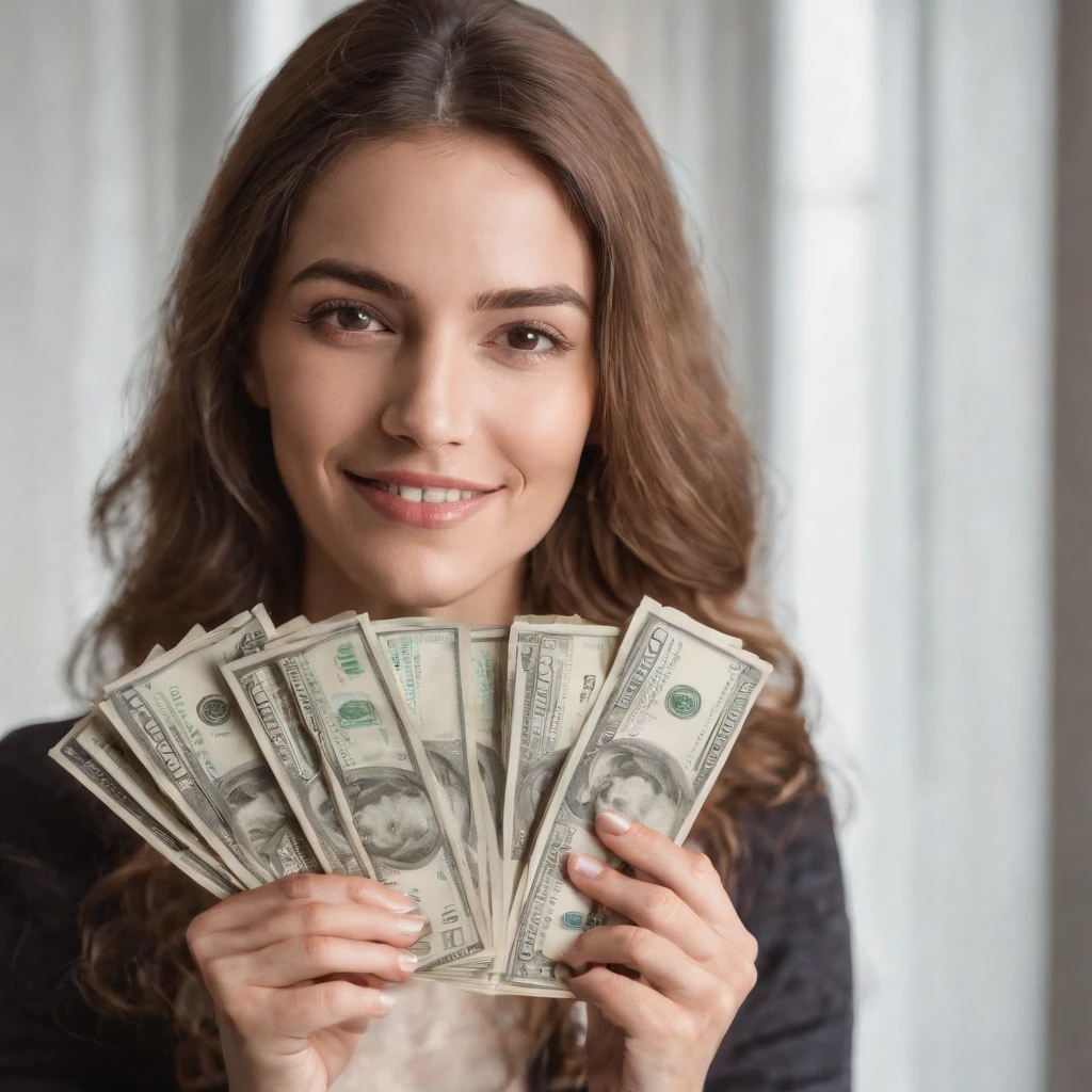 Por favor, Create an image that represents a satisfied and happy woman holding a large amount of money bills in her hands. The image should convey the feeling of contentment and prosperity due to the amount of money she is holding.