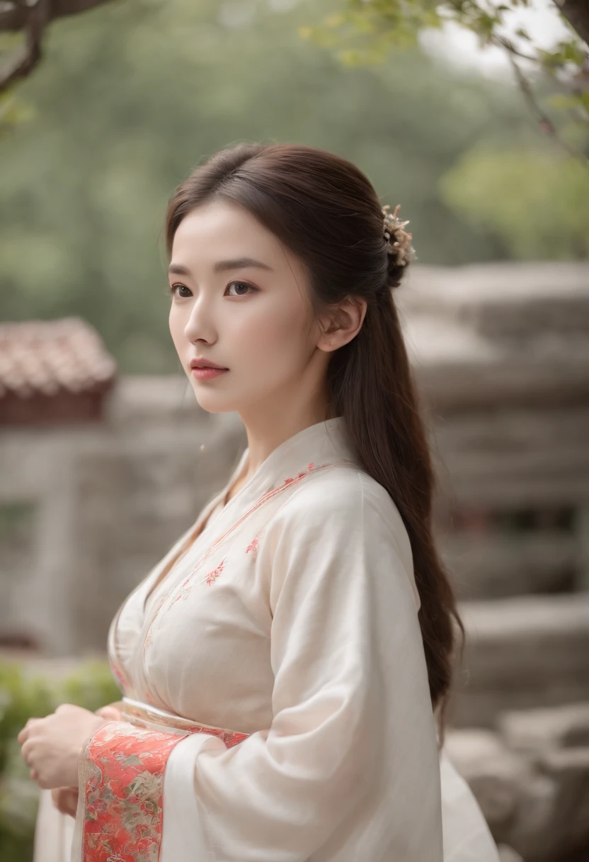 Fair complexion, A woman around 19 years old, Natural brunette hair, , Slender and graceful, Beautiful, Light in a Chinese garden setting, super sharp focus, realistic lens, Open Hanfu women's clothing, Four colors (Scar:1.4)exposing her chest