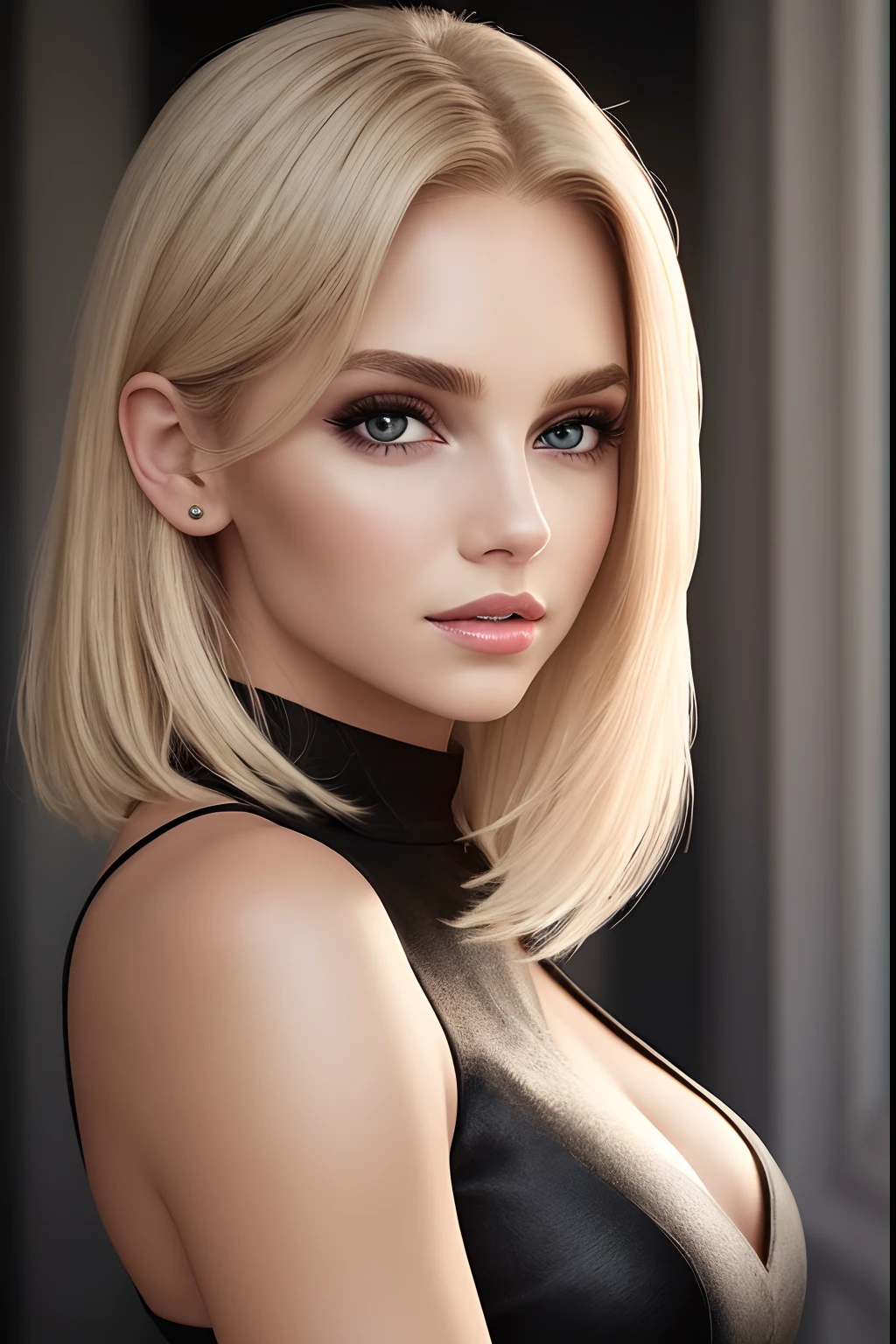 Aesthetic artwork, a woman, blonde hair, black eyes, straight hair, flushed cheeks, full lips, mischievous gaze, light brown skin, short black dress, sexy build,