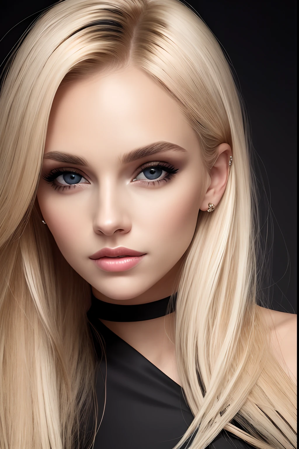 Aesthetic artwork, a woman, blonde hair, black eyes, straight hair, flushed cheeks, full lips, mischievous gaze, light brown skin, short black dress, sexy build,