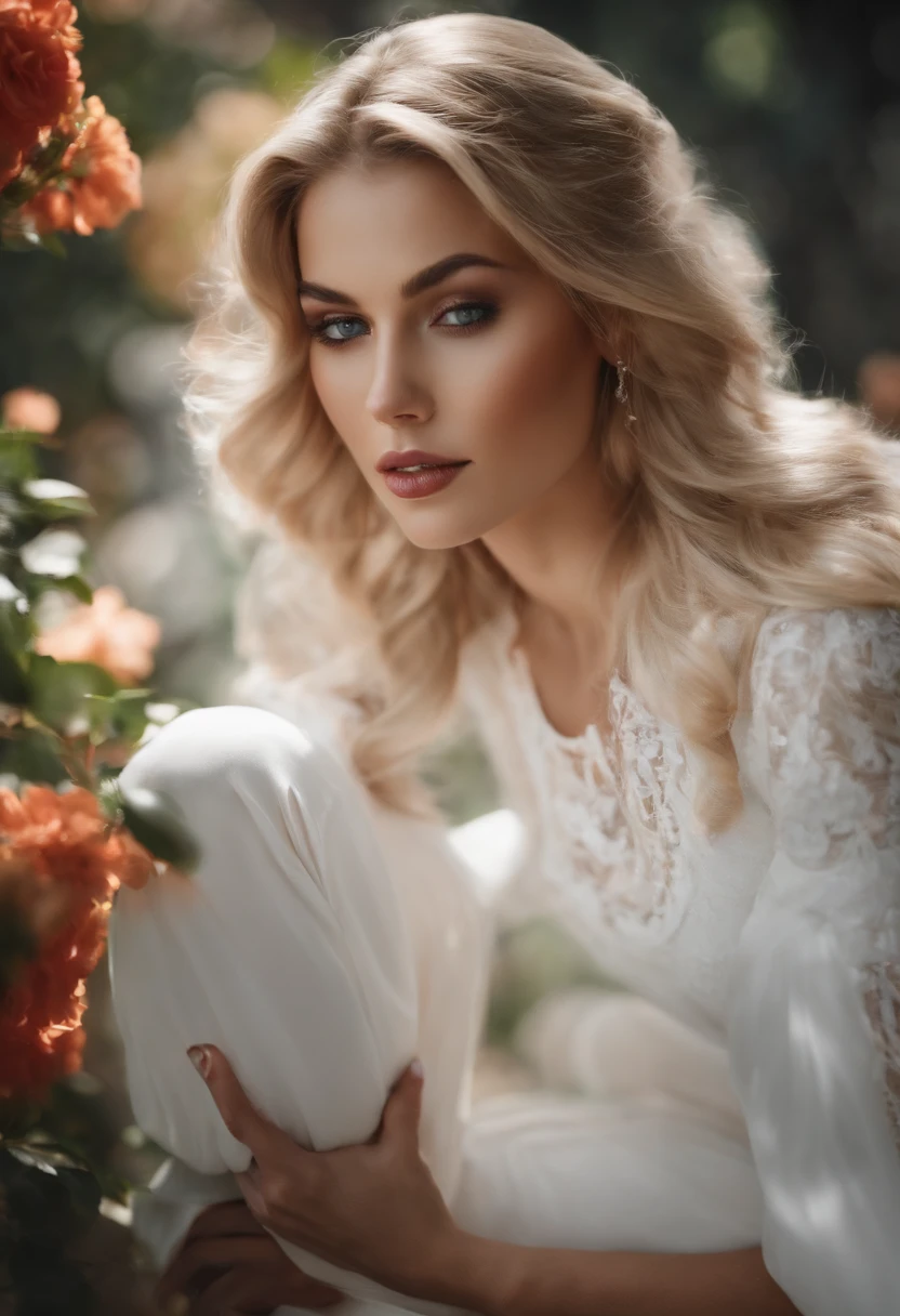 arafed woman fully , sexy girl with blue eyes, ultra realistic, meticulously detailed, portrait sophie mudd, blonde hair and large eyes, selfie of a young woman, garden, violet myers, without makeup, natural makeup, looking directly at the camera, face with artgram, subtle makeup, stunning full body shot kneeling on bed, in bedroom, medium to large size bust
