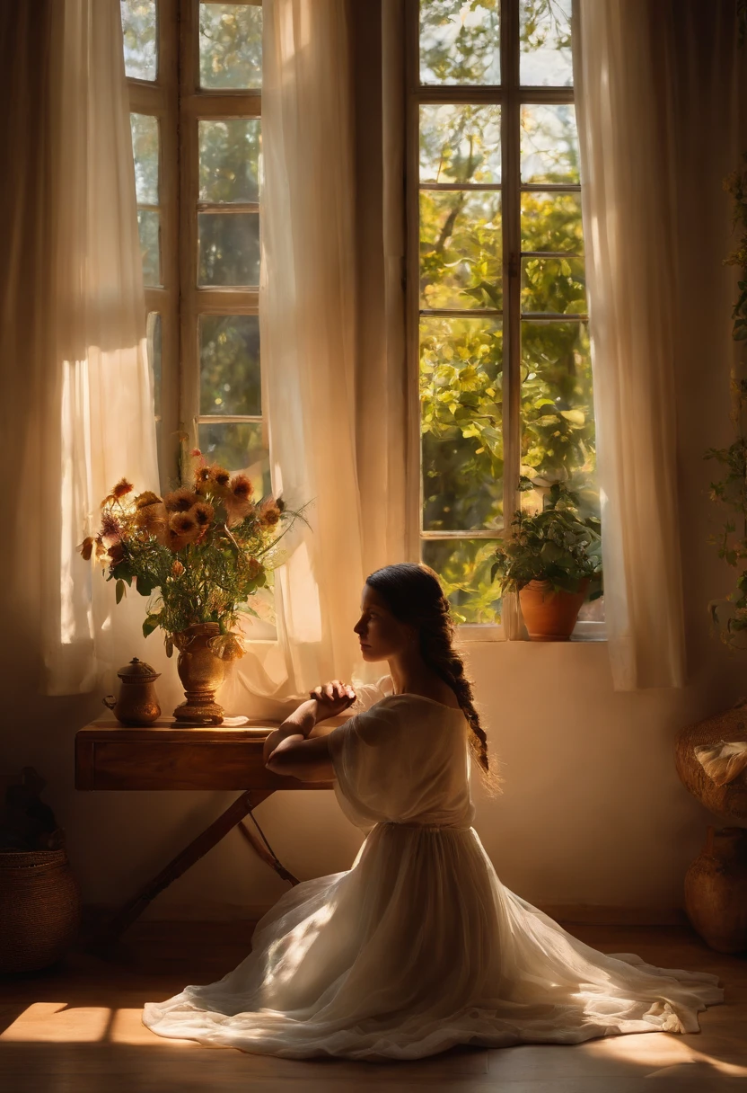 "A young girl meditating in her bedroom, perched on her bed beside a window overlooking a serene garden. Soft rays of golden sunlight gently filter through the translucent curtains, casting a warm glow on the room. The girl, with closed eyes and a serene expression, sits cross-legged in her tranquility, her long, flowing hair cascading down her back. The room is adorned with vibrant tapestries, each depicting a different scene from nature, infusing the space with a sense of tranquility and harmony. The air is rich with the fragrance of blooming flowers, mingling with the gentle aroma of incense. In the corner of the room, a majestic ebony cat, elegantly poised like a guardian spirit, watches over the girl with a wise and mysterious gaze. Its sleek fur, dappled with moonlit shadows, shimmers as if kissed by moonbeams. The girl's serene energy resonates with her feline companion, revealing an unspoken bond between them. Together, they create a blissful tableau, a moment frozen in time, captured in a captivating painting with delicate brushstrokes that expertly capture the nuances of light and shadow, evoking a profound sense of peace and introspection"